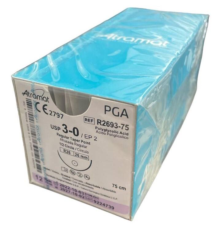 PGA (полігліколід) плетений фіолетовий, що розсмоктується USP 3-0 (EP2) з колючою голкою 26мм, 1/2кола, довж. нитки 75см